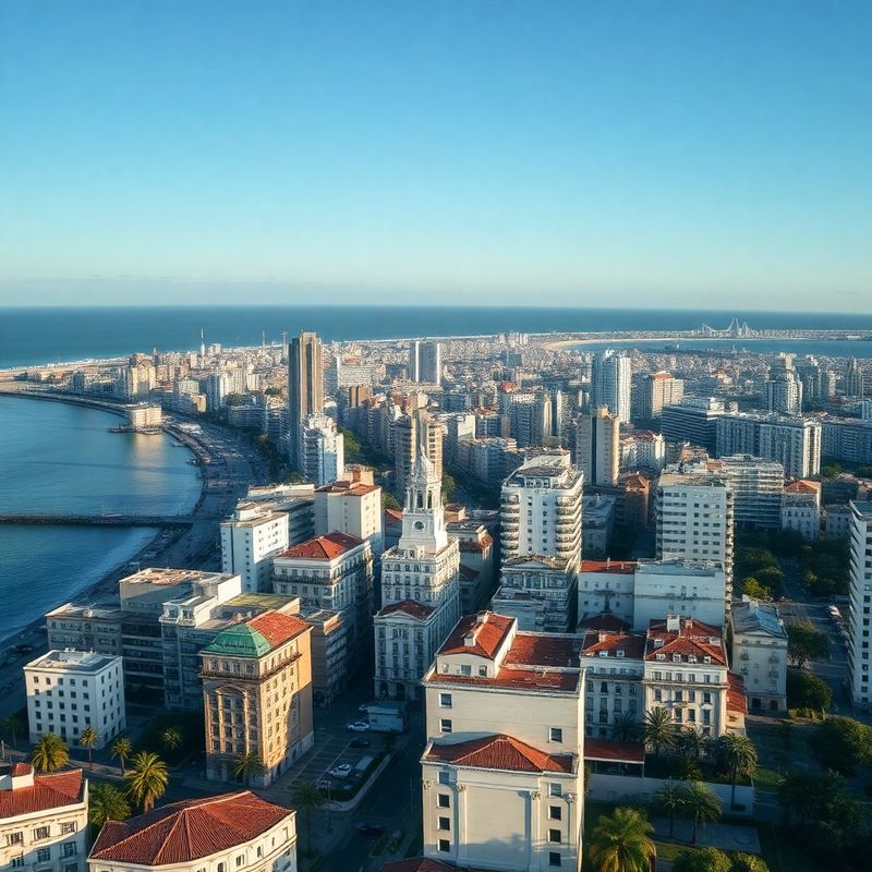 Vista aérea minimalista de Montevideo con la costa del Río de la Plata