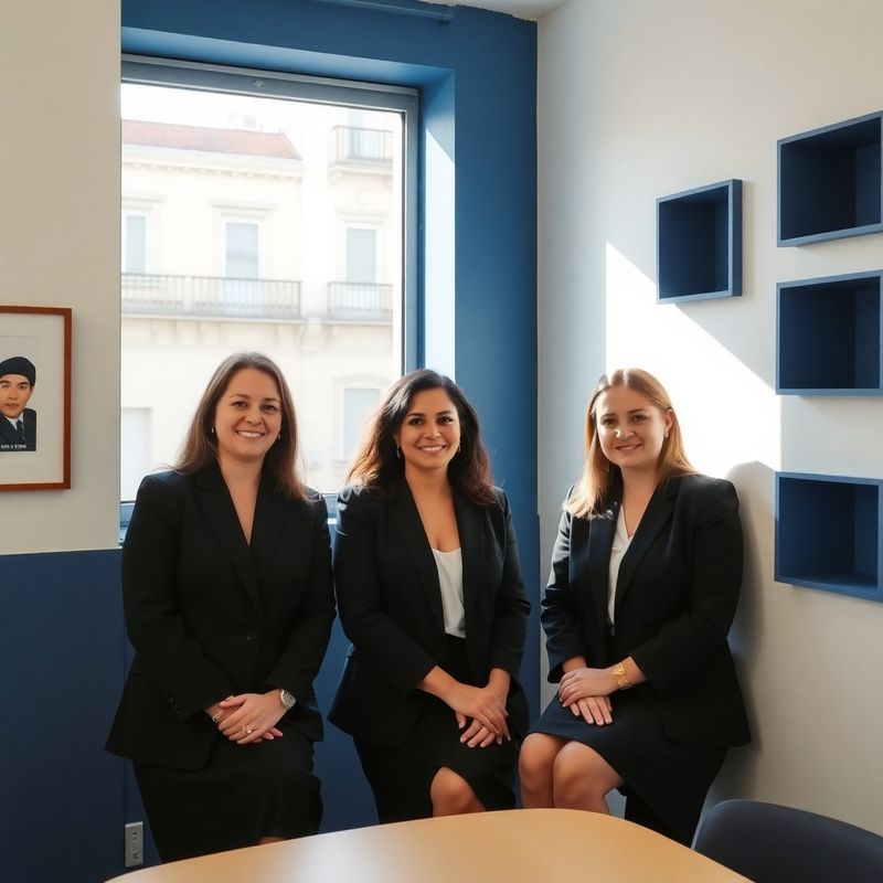 Equipo profesional de TechNova en una oficina de Montevideo con acentos índigo