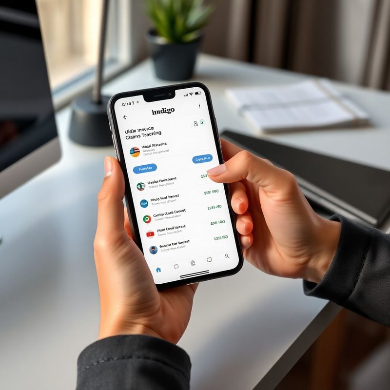 Manos sosteniendo un teléfono con la app de seguimiento de reclamos en tonos índigo